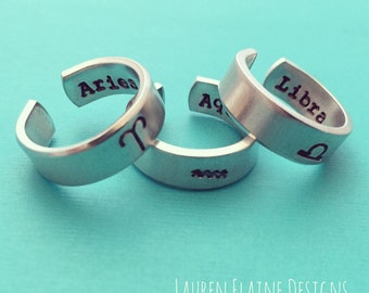 Zodiac Sign Hand Stamped Aluminum Ring- Capricorn, Aquarius, Pisces, Aries, Taurus, Gemini, Cancer, Leo, Virgo, Libra, Scorpio, Sagittarius