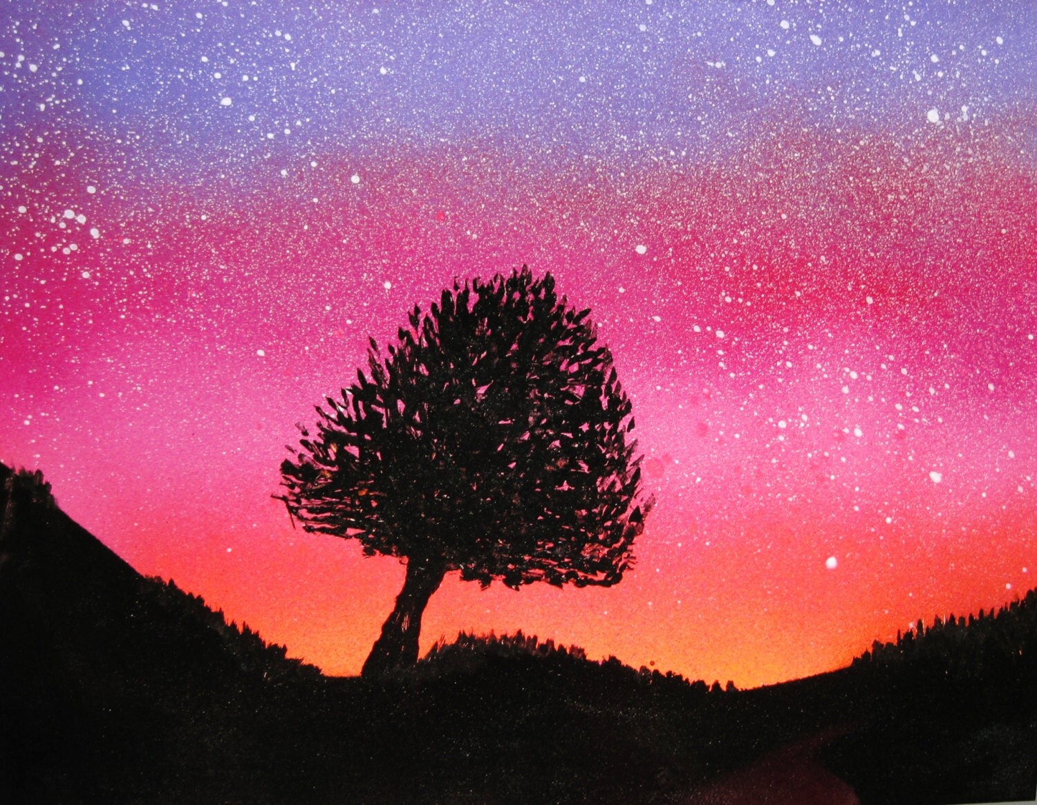 Spray Paint Art Original Tree Silhouette Sunset Landscape