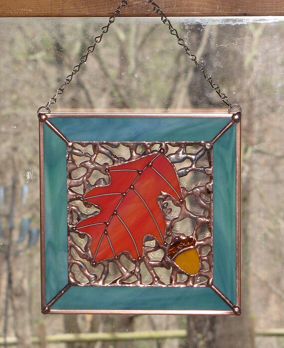 Stained Glass Suncatcher Oak Leaf and Acorn Fall by GLASSbits