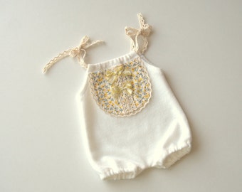 Newborn Photography Prop-Newborn Cream and Yellow Flowers Short Romper-Baby Girl Bodysuits-Newborn Romper-Newborn Girl Outfit-Newborn Props