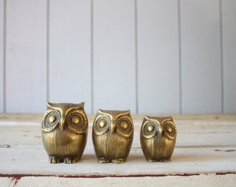 Vintage Brass Owls // Paperweight Trio