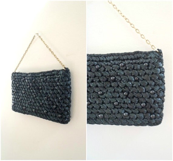 Vintage beaded black straw raffia evening bag with brass chain handle