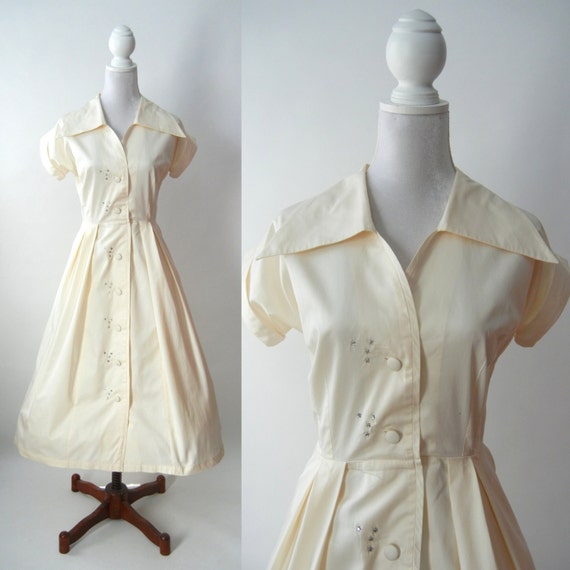 Vintage 1950s Style Dress White Cotton Rockabilly Dress