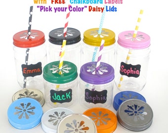 Plastic Mason Jars w/ “FREE" Chalkboard Labels / 10 Plastic Jars, 10 Daisy Cut Jar Lids & 10 Labels / Mason Jar Favors / Party Favor Jars