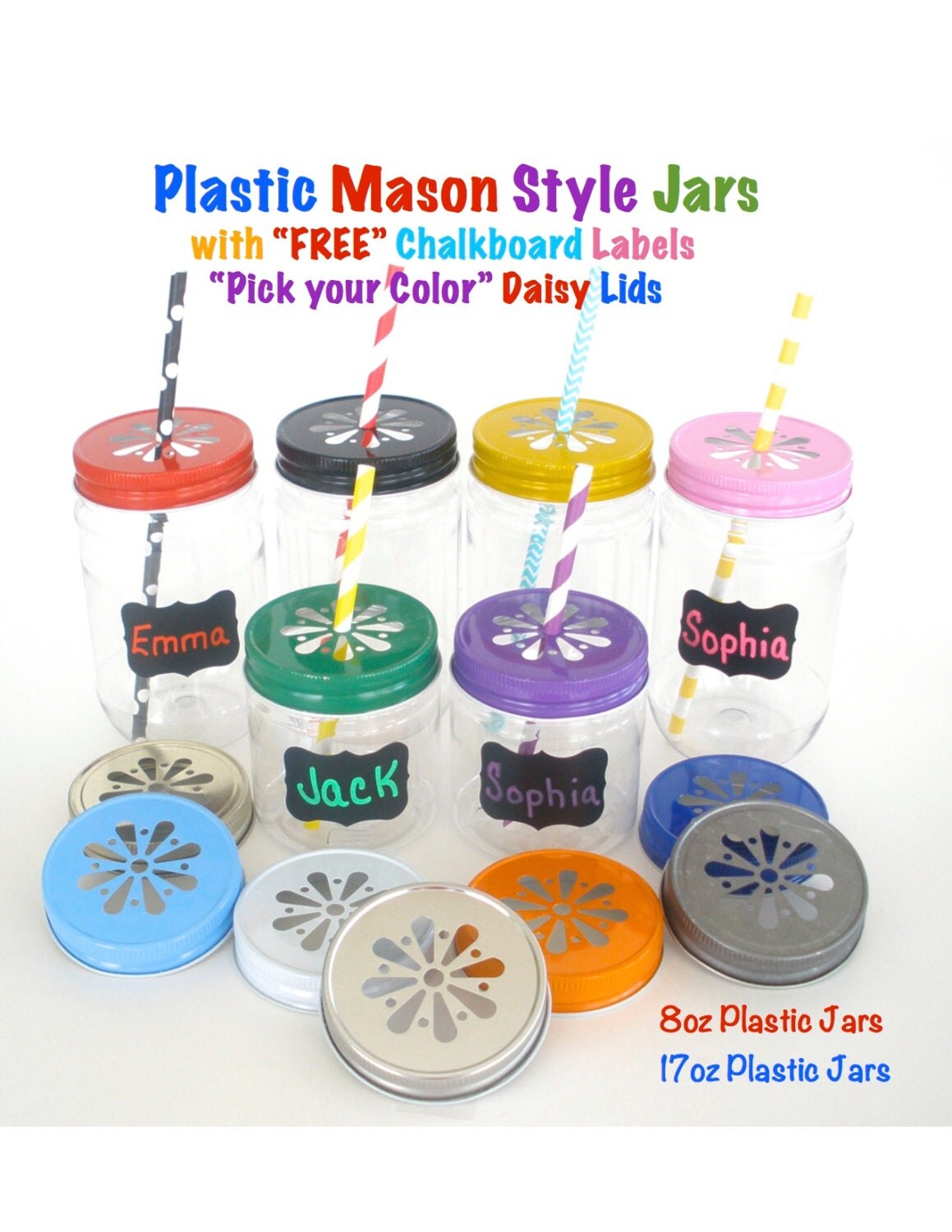 Plastic Mason Jars w/ FREE Chalkboard Labels / 10
