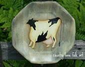 Primitive cow plate, decorative plate, holstein cow, primitive home decor, cow painting , cow decor, black and white cow, farm animal,