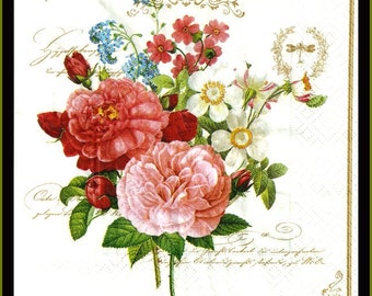 Floral tissue paper napkins for decoupage, lot of four 3ply 33cm, decoupage napkins