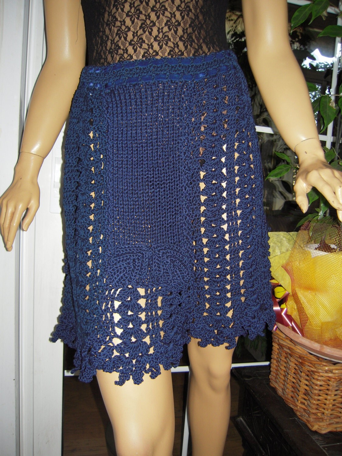 skirt/dark blue handmade knitted and crochet cotton skirt gift