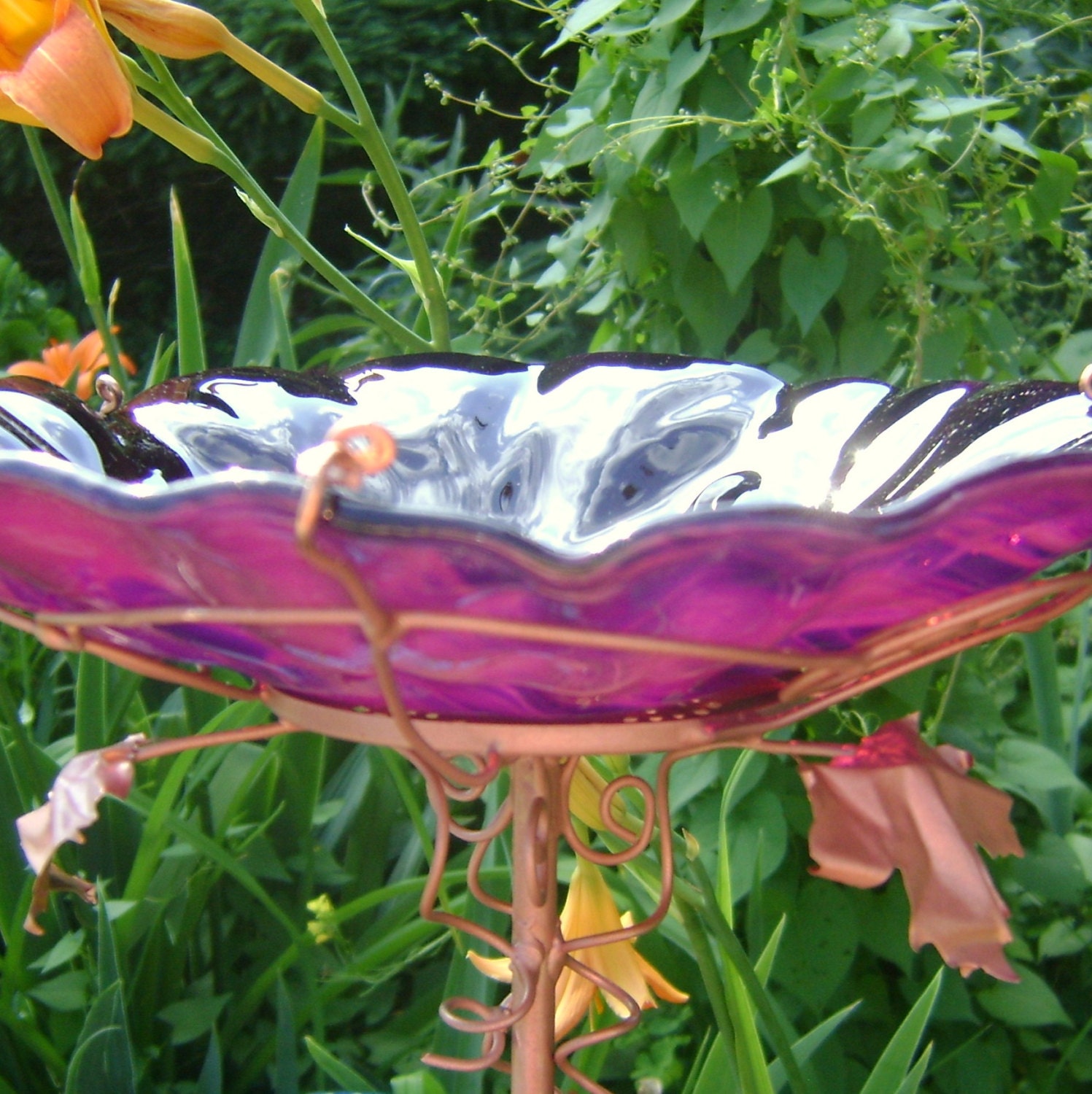 BIRD BATH Stained Glass PLUM Copper Home by GloriasGlassGarden