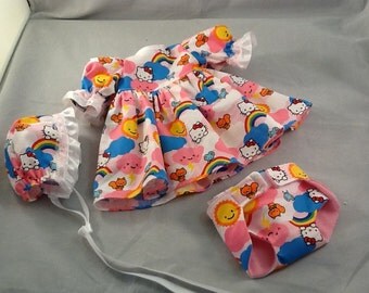 Bitty size Dress, Bonnet and Diaper in Hello Kitty Sunshine and Rainbows