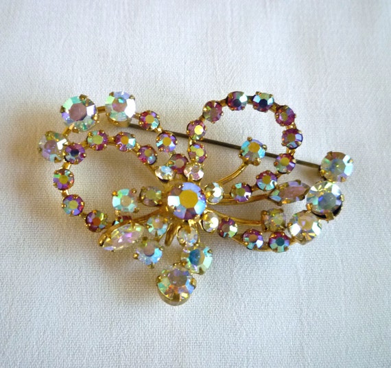 Aurora Borealis Brooch Rhinestone Ribbon by MaisonChantalMichael