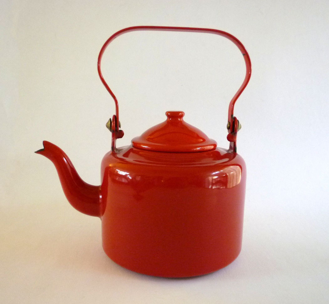 Red Enamel Kettle Teapot Enamel by MaisonChantalMichael on Etsy