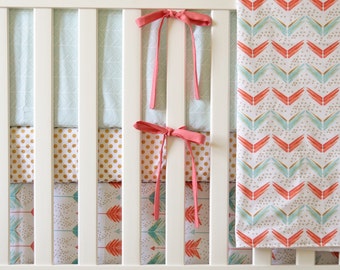Arrow Crib Bedding Set - 4 Piece Set - Crib Bumper, Fitted Crib Sheet, Crib Skirt, Crib Blanket - Gold, Coral, Mint Bedding Set