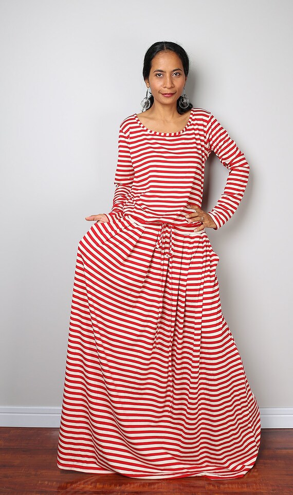 Striped dress Long Sleeve Maxi Dress Red and Cream Dress