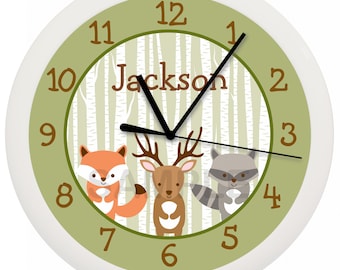 Woodland Forest Animal Nursery Wall Clock Personalized 10 Inch