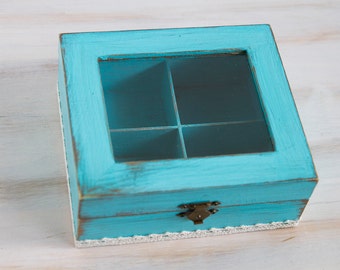 Light BlueTea Wooden Box, Tea Box, Tea Box Container, Shabby Chic tea box / storage box/, Jewelry box, Jewelry Organizer