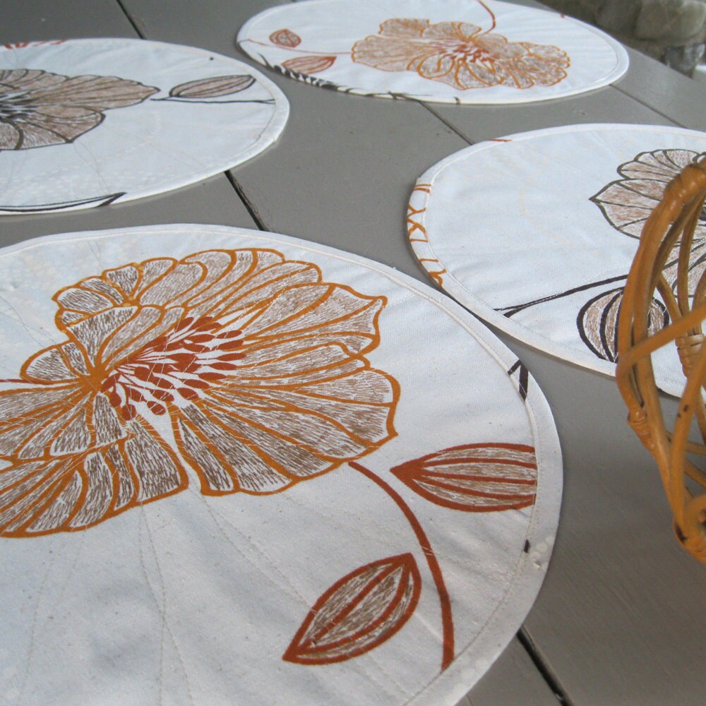 Quilted placemats round placemats brown orange by Plumdacity