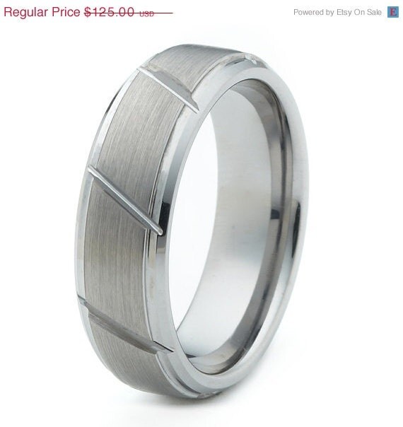 ON SALE Mens Tungsten Wedding Bands With Grooved Lines - Comfort Fit