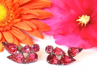 Stunning Pink Rhinestone Earrings Clip On 1940s Retro Fashion Jewelry