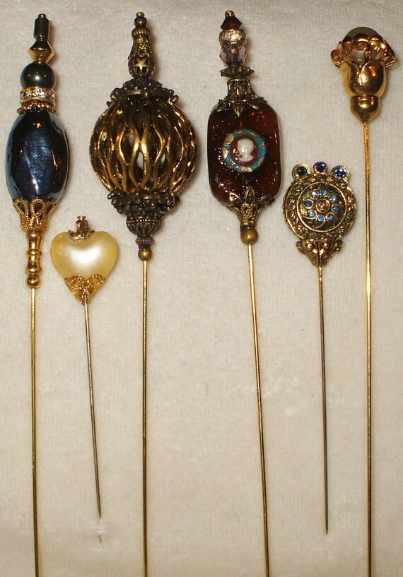 6 Antique style Victorian Hat Pins with vintage and antique