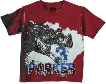 Personalized Dinosaur Shirt,, Boys Dinosaur Birthday Shirt, Dino T-Shirt, Boys T-Rex Top, Red and Blue
