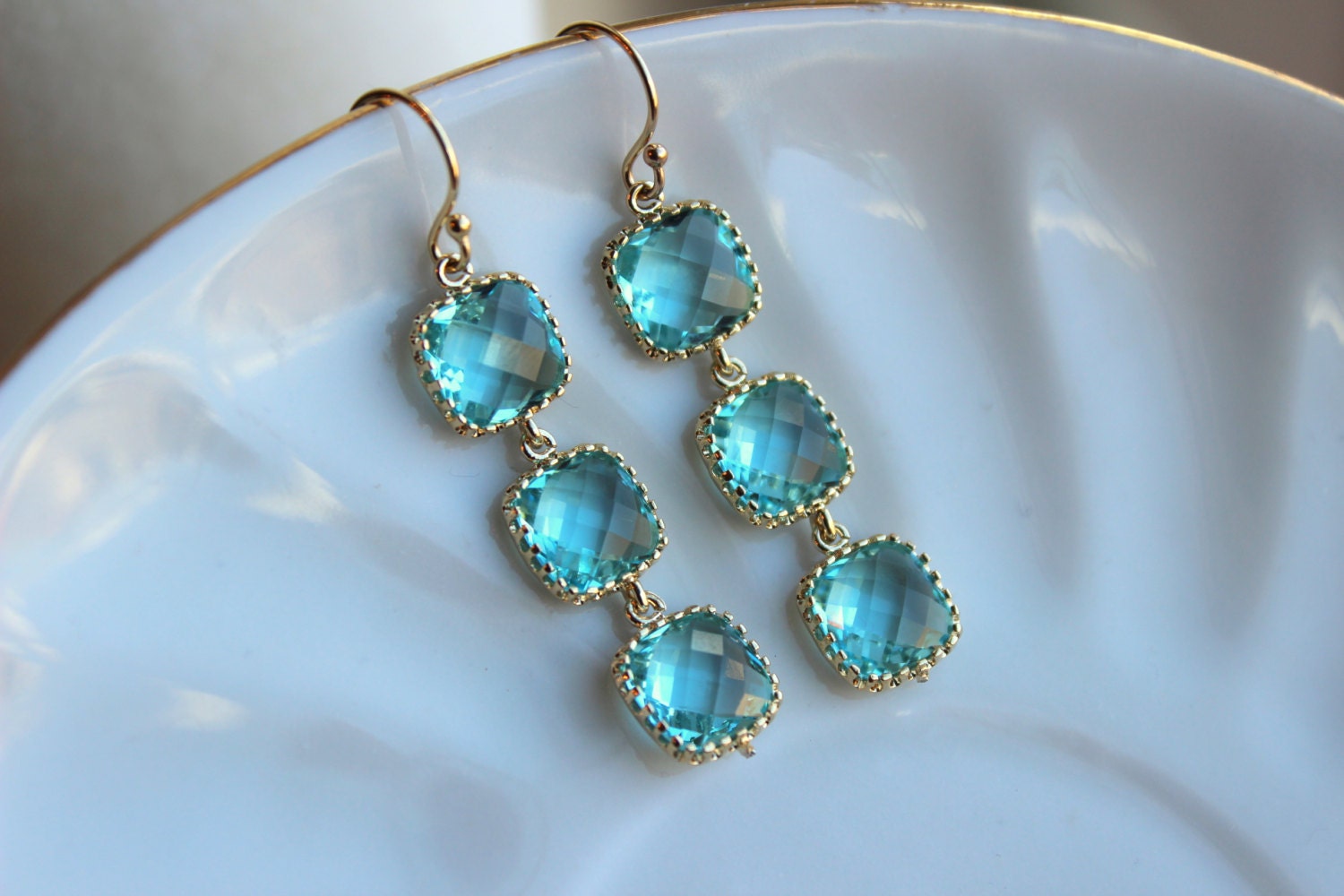 Gold Aquamarine Earrings - Aqua Blue Three Tier Earrings - Wedding Earrings - Bridesmaid Earrings - Bridal Earrings - Wedding Jewelry