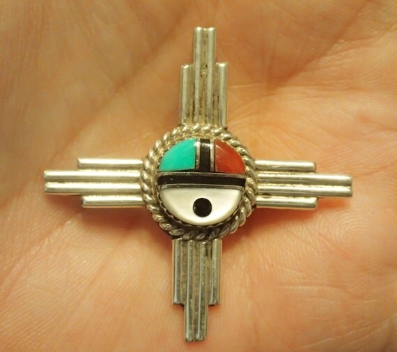 Zuni Face Inlay Zia Symbol Pendant / Pin