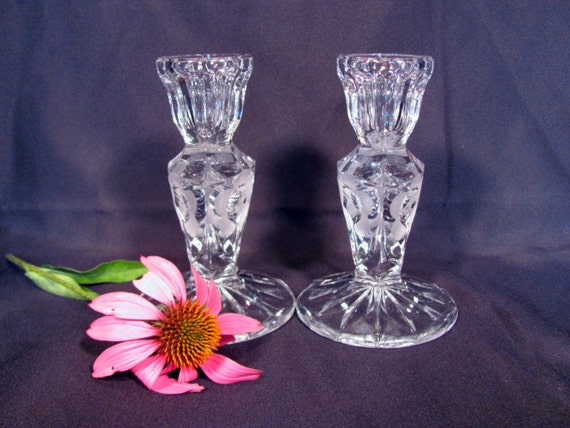 Crystal Etched Candle Holders Vintage Candlesticks With