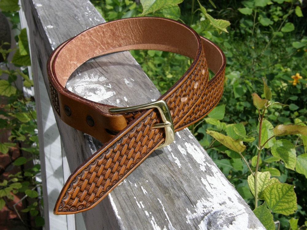 Hand Made Basket Stamped Leather Belt