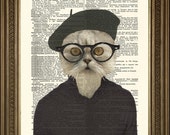 Hipster Cat Print: Fun Beatnik Art Wall Colgando en la página de diccionario vintage (8 x 10 ")