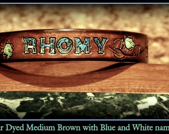 Personalized Leather Dog Collar 1 inch wide, Rose vine, nickle plate outdoor hardware, can be monogrammed, with name and phone number