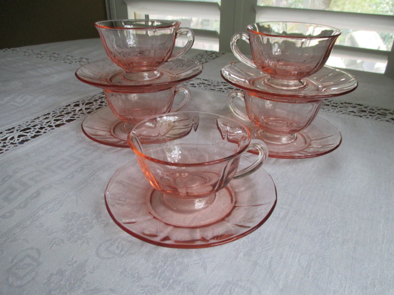 Fostoria Fairfax Rose Pink Depression Glass Cup And Saucers 4077