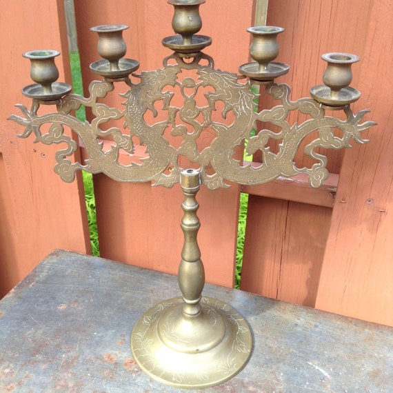 Vintage Chinese brass dragon candelabra candlestick candle