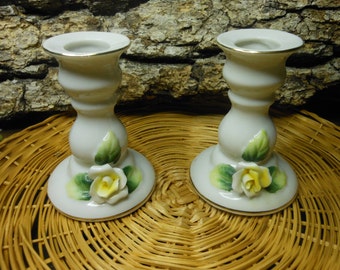 Candle Holders-White with yellow roses-Set of 2