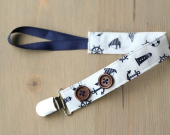 Boy pacifier clip, navy nautical pacifier holder, button pacifier clip, baby boy gift, baby shower gift