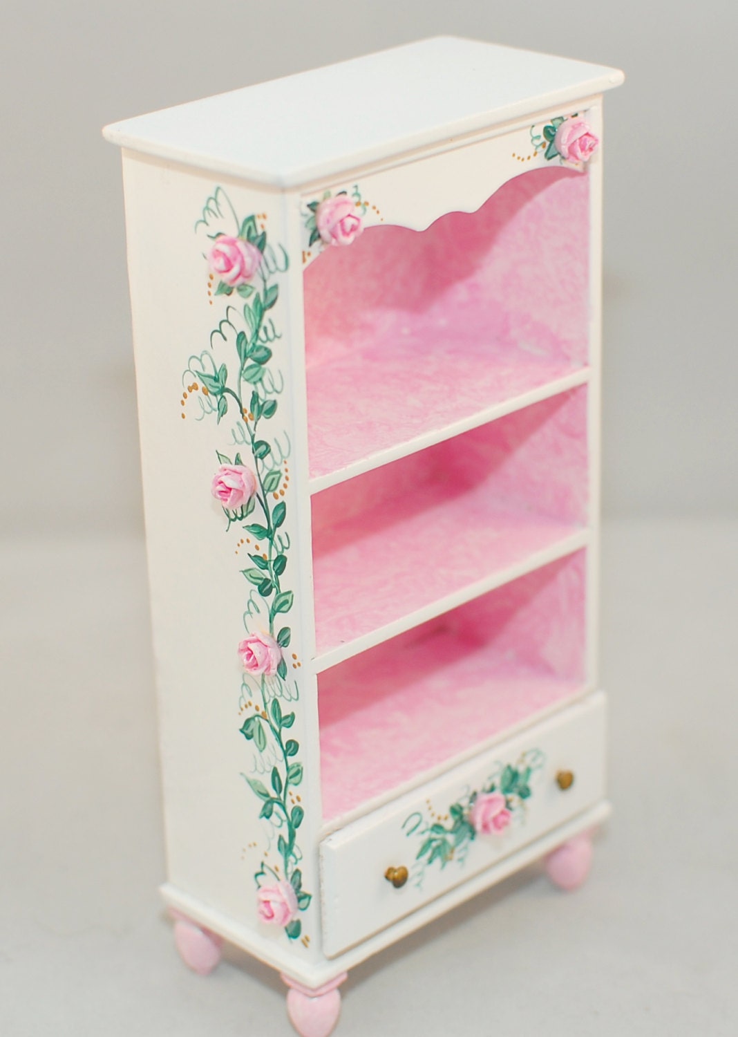 Cottage Chic Tall BOOKCASE Pink and White 3D Roses 1:12