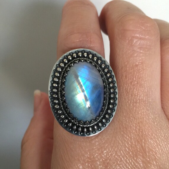 Blue Flash Rainbow Moonstone Ring Handmade by SoulLightVibrations