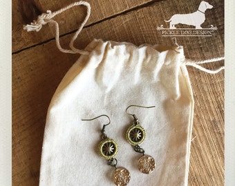 Golden Drop. Dangle Earrings -- (Vintage-Style, Gold, Feminine, Brass, Rustic, Elegant, Romantic, Pretty, Boho Chic, Birthday Gift Under 10)