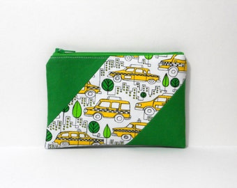 Zipper Pouch, Green with Taxi Cabs, One of a Kind