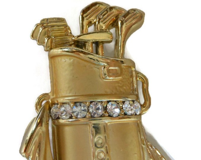 FREE SHIPPING AJC golf bag brooch brushed gold and satin finished pin with rhinestone embellishments