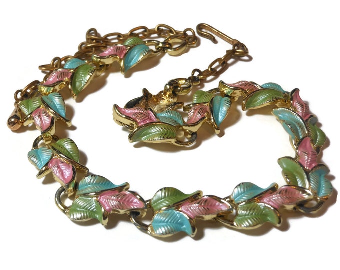 FREE SHIPPING Enamel choker, pink, green and blue antiqued enamel leaves, has Monet dangle, unsigned necklace, pastel