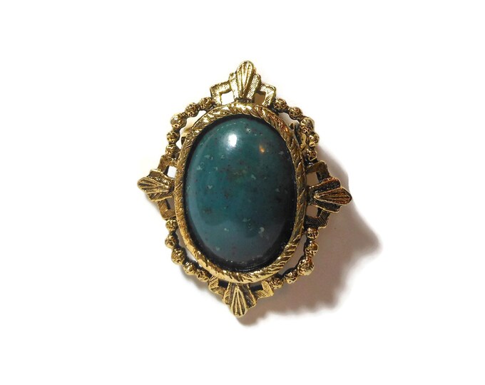 FREE SHIPPING Green stone pendant brooch, probably jasper, genuine stone cabochon with a gold plated frame, interchangeable