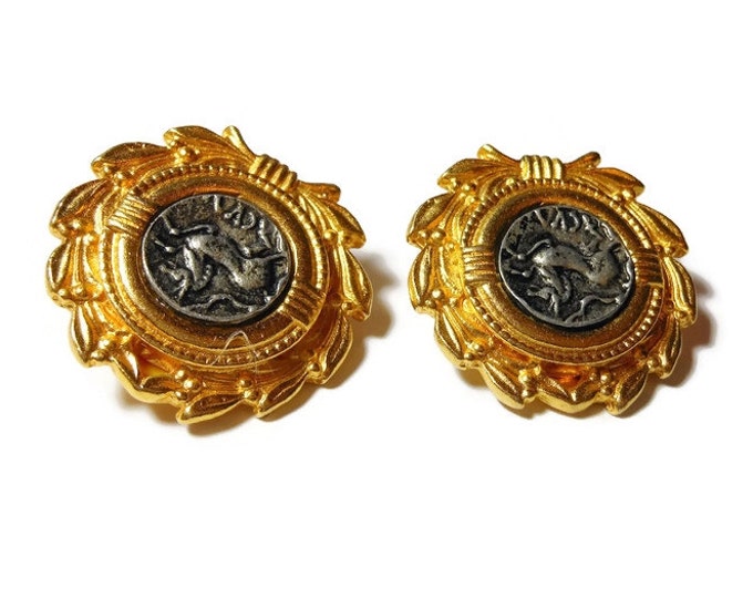 FREE SHIPPING Gold coin earrings, Maeve Carr earrings, gold wreath surrounds silver Latin style coin horse or unicorn and Latin numerals