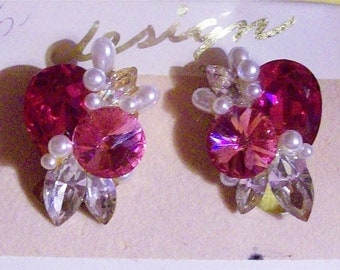 Bridal Earrings Fushia & Pink Swarvoski Rhinestone Pearls Pierced Earrings Vintage New Designer Nicole Mintzes New York