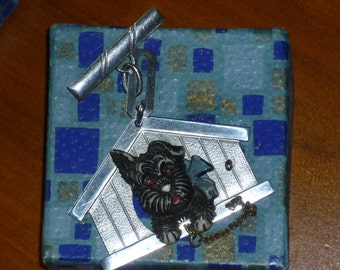 Vintage celluloid scottie dog brooch chrome kennel in original art deco box 1930s