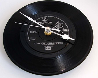 The BEATLES Vinyl Record CLOCK, "Strawberry Fields Forever", made from a recycled 7" record, Other songs also available, strawberry fields