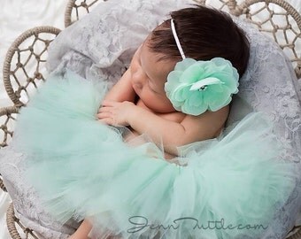 Newborn tutu set, mint tutu set, first birthday outfit, mint tutu with matching flower headband, baby tutu set
