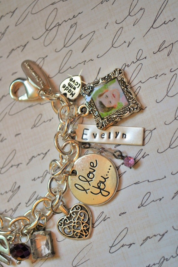 Custom Family Charm Bracelet with Photo Charms Hand Stamped