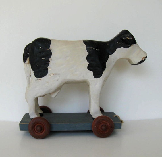 SALE Large Vintage Wooden Cow pull toy by jewelryandthings2