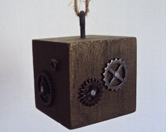 Steampunk Gear Ornament - Industrial Wood & Cogs Cube - Steampunk Gift - Gold Bronze Ornament - Steampunk Decoration - Christmas Ornament